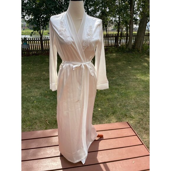 Donna Karan Ivory Womens Satin Robe With Embroidered Detail Vintage Smooth